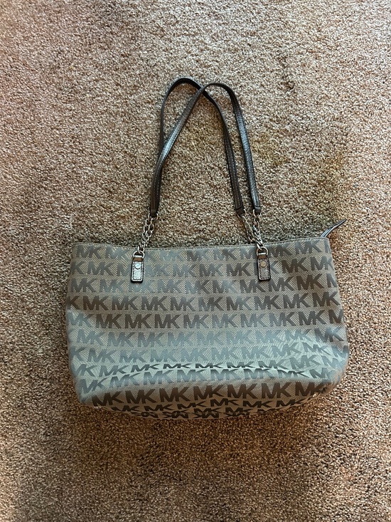 Michael Kors Handbags - Michael Kors Brown and Tan Monogram Large Tote Bag With Silver Chain Details